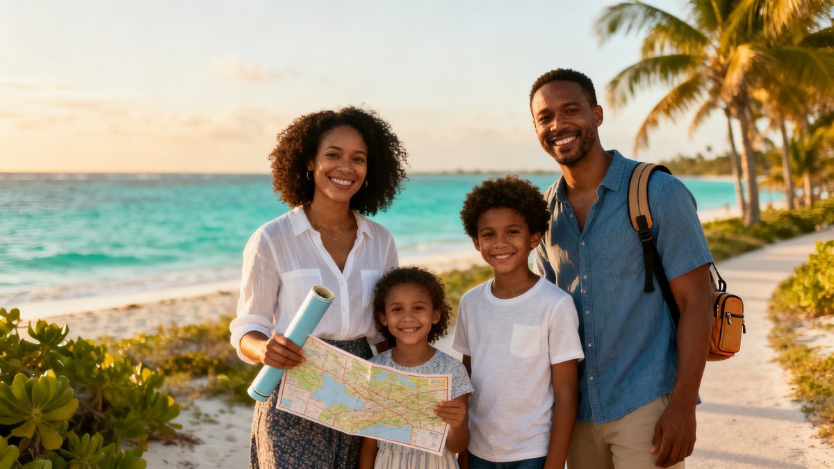 A family of four playing on a wooden dock by a lake, enjoying an affordable vacation