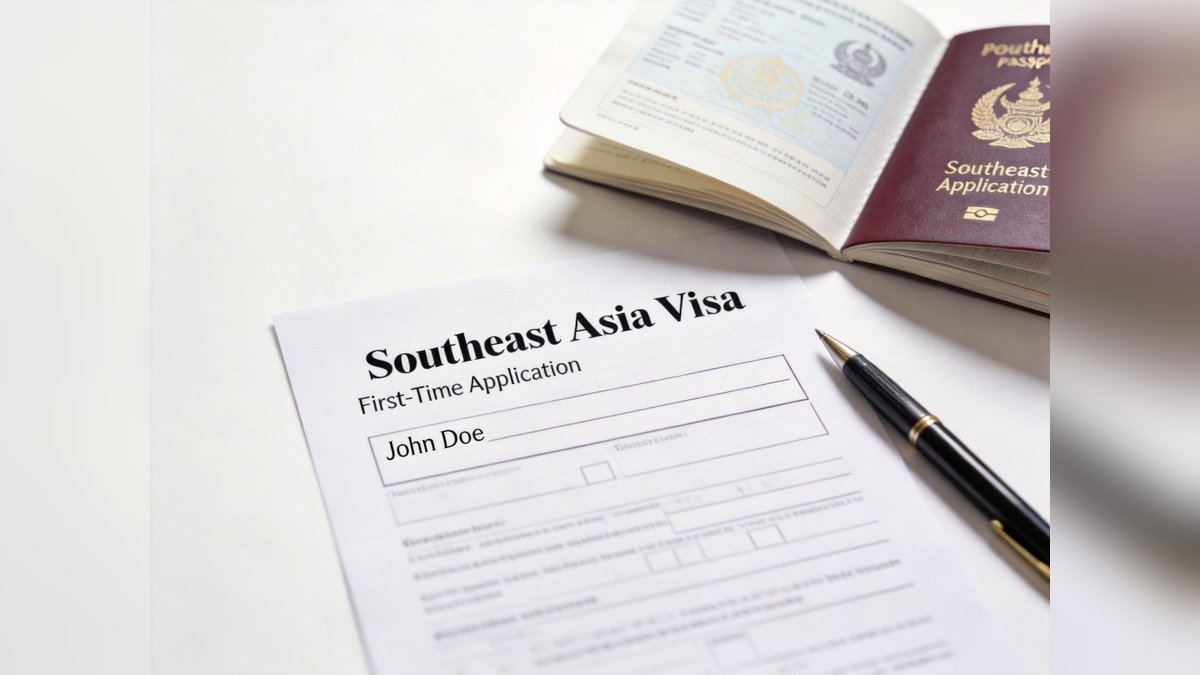 Passport with boarding passes and travel documents on a wooden table
