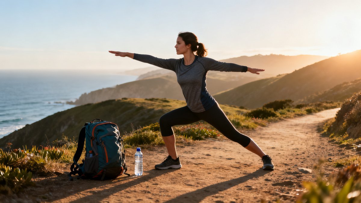 Person doing a bodyweight workout outdoors with a tropical beach in the background