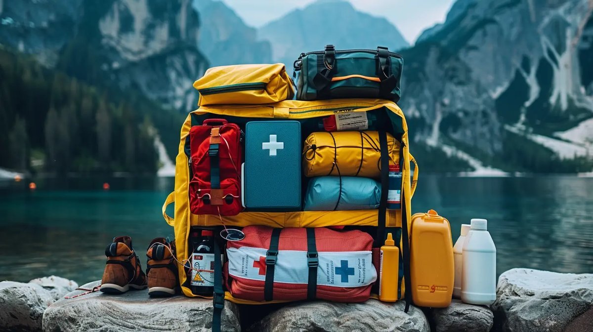 First aid kit with medical supplies laid out on a clean surface